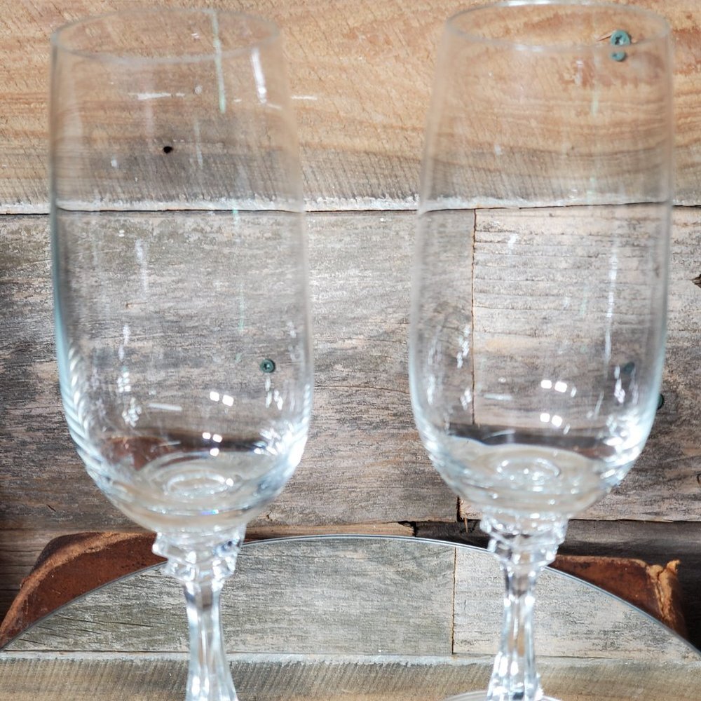 24% Lead Crystal Hand-Blown Glass Champagne Flutes - Pair - 6-Sided Stem - #2